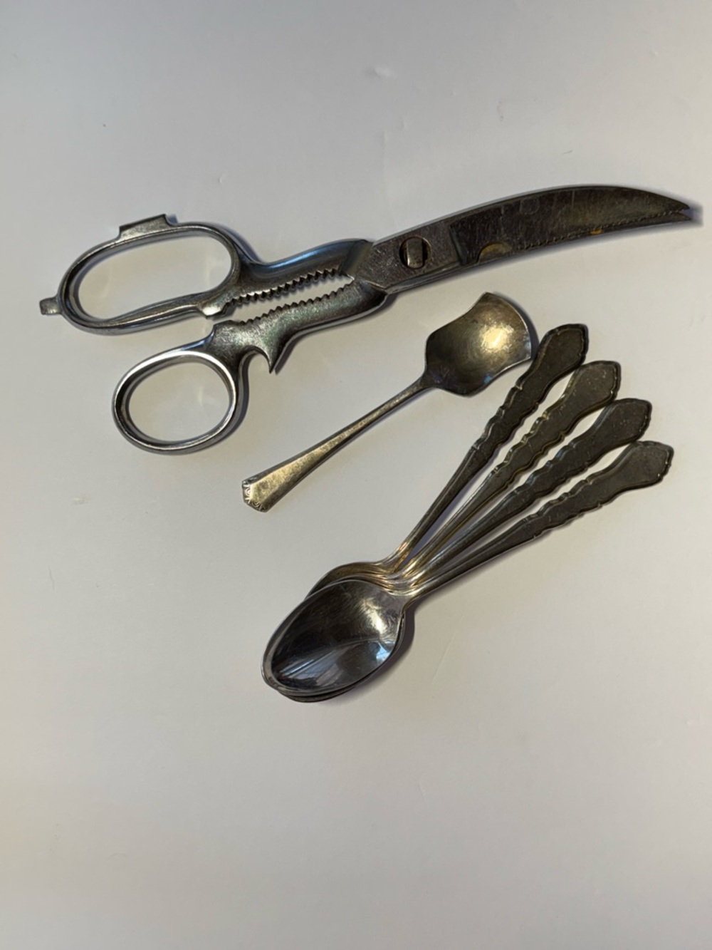 Vintage Silver-Tone Kitchen Scissors and Teaspoons Set - Silver